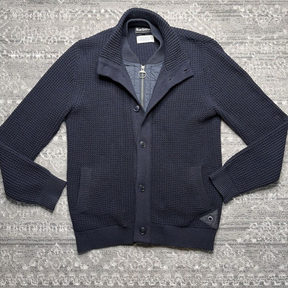 Barbour Helm Double Layer Knit Wool Cardigan Sweater Mens Medium Navy Fisherman